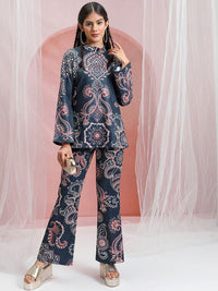 Vishudh Blue Printed High Neck Tunic With Flared Trouser