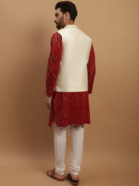 SOJANYA Kurta Kapas Tulen Bersulam Labuci dengan Jaket Churidar & Nehru Bersulam