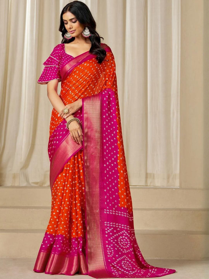 Kalini Women Dola Silk Bandhani Print Zari border Saree