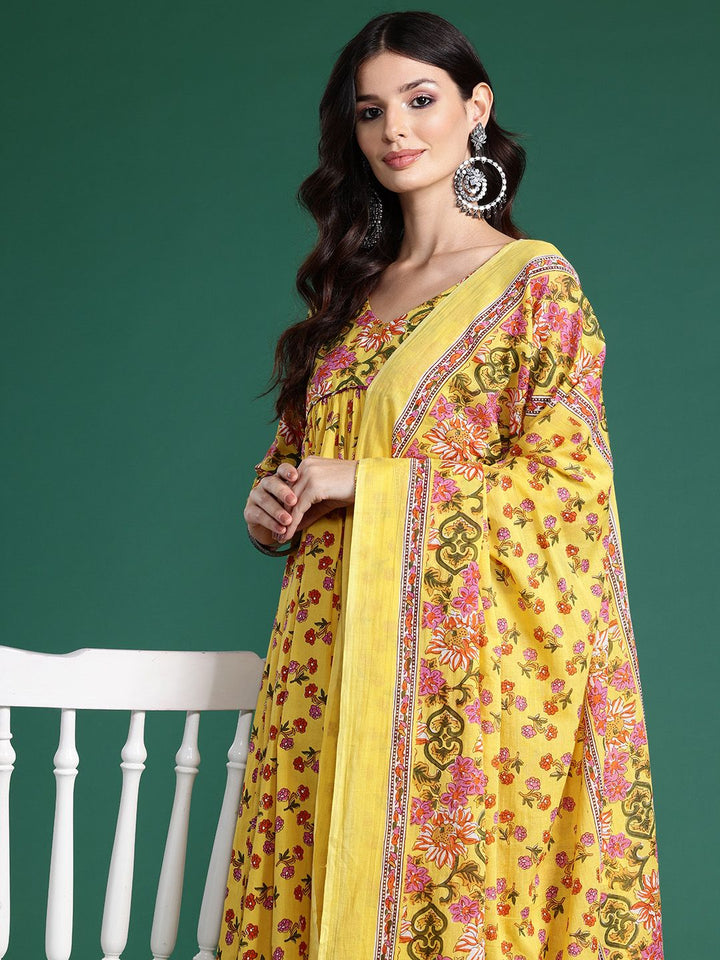 Indo Era Floral Printed Empire Gotta Patti Pure Cotton Kurta With Trousers & Dupatta