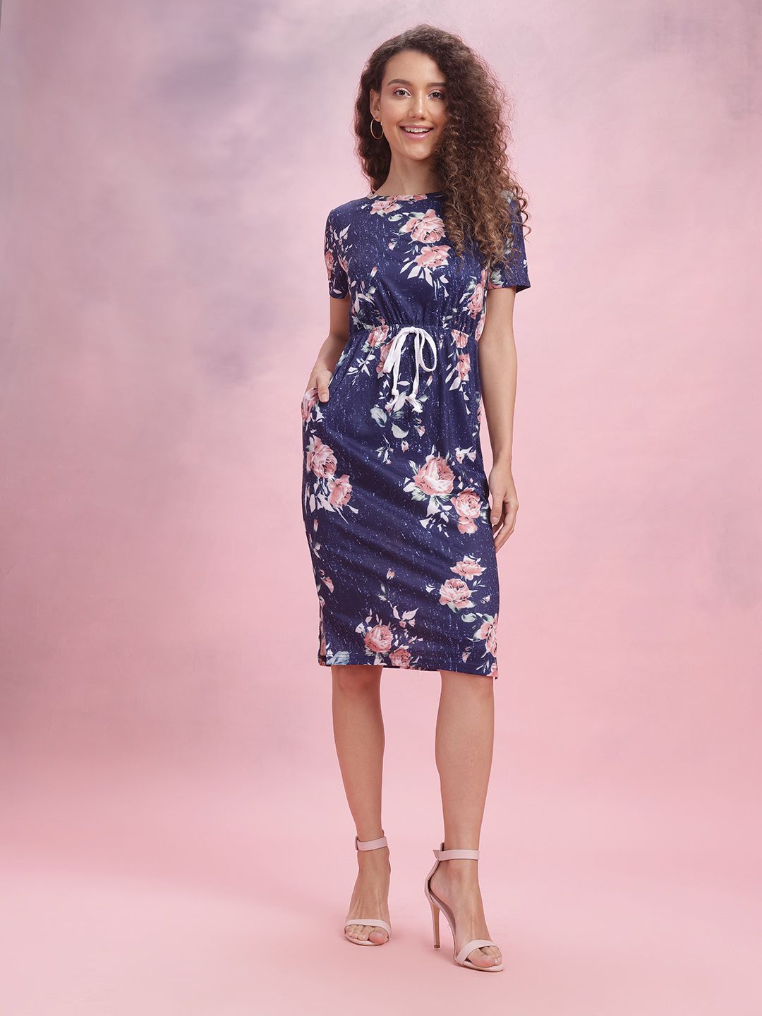 DressBerry Floral Print Waist Tie-Ups Sheath Dress