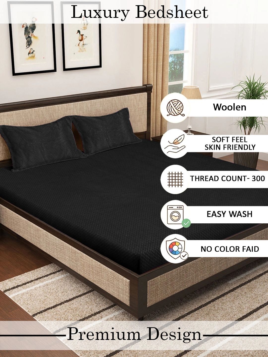 Moda Rapido X KLOTTHE Solid 300 TC Woolen King Bedsheet with 2 Pillow Covers-250X225 cm