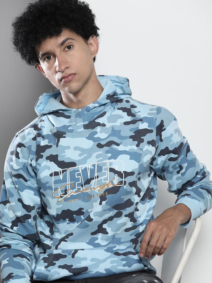 The Indian Garage Co Men Blue & Black Printed Hooded Sweatshirt
