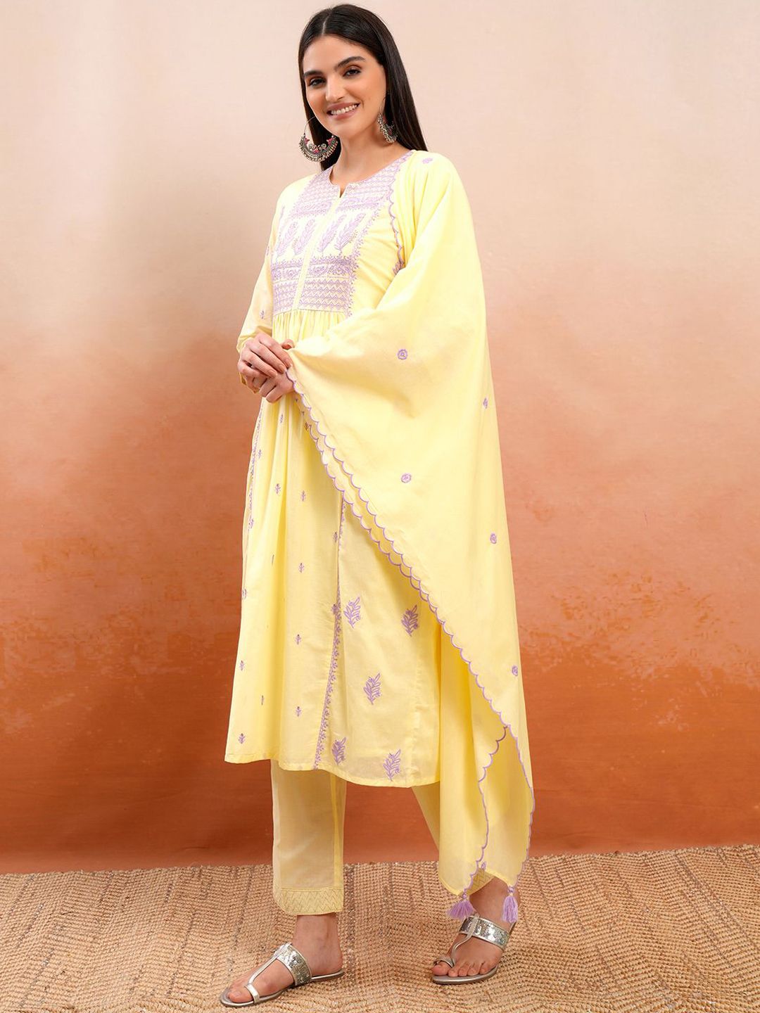 Vishudh Yellow Embroidered Thread Work Pure Cotton A-Line Kurta With Trousers & Dupatta