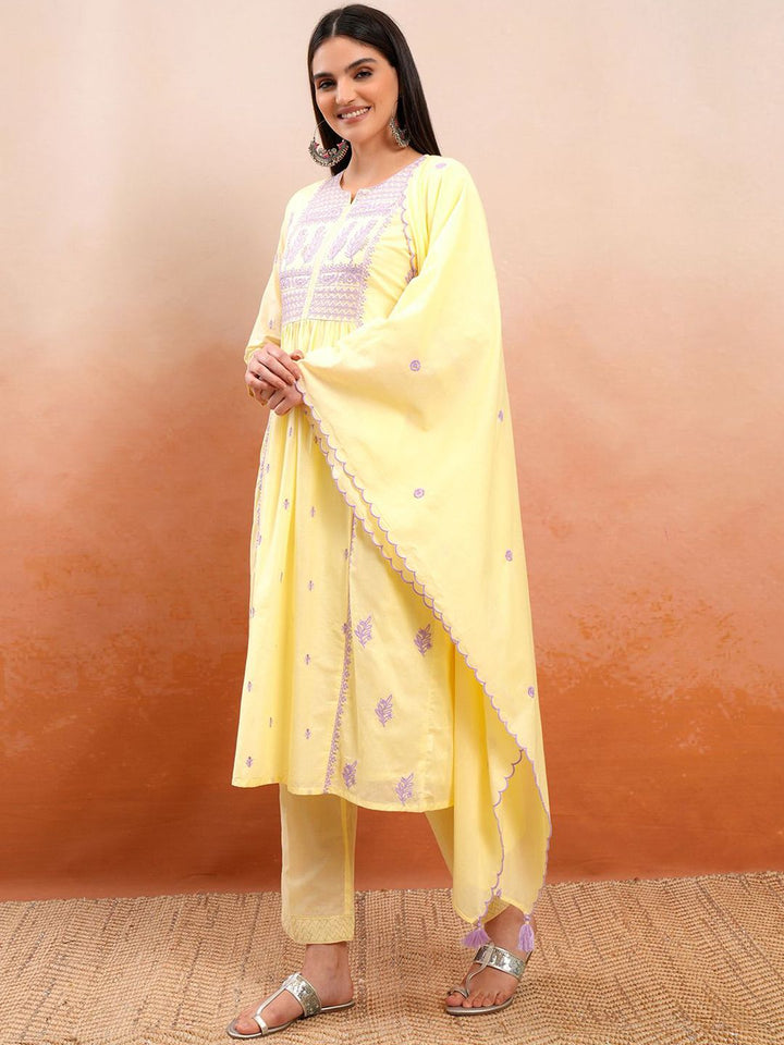 Vishudh Yellow Embroidered Thread Work Pure Cotton A-Line Kurta With Trousers & Dupatta