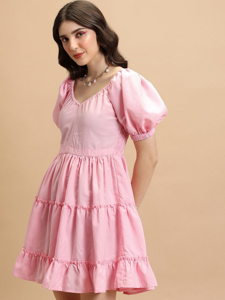 Tokyo Talkies Pink V-Neck Puff Sleeves Smocked Tiered Fit & Flare Dress
