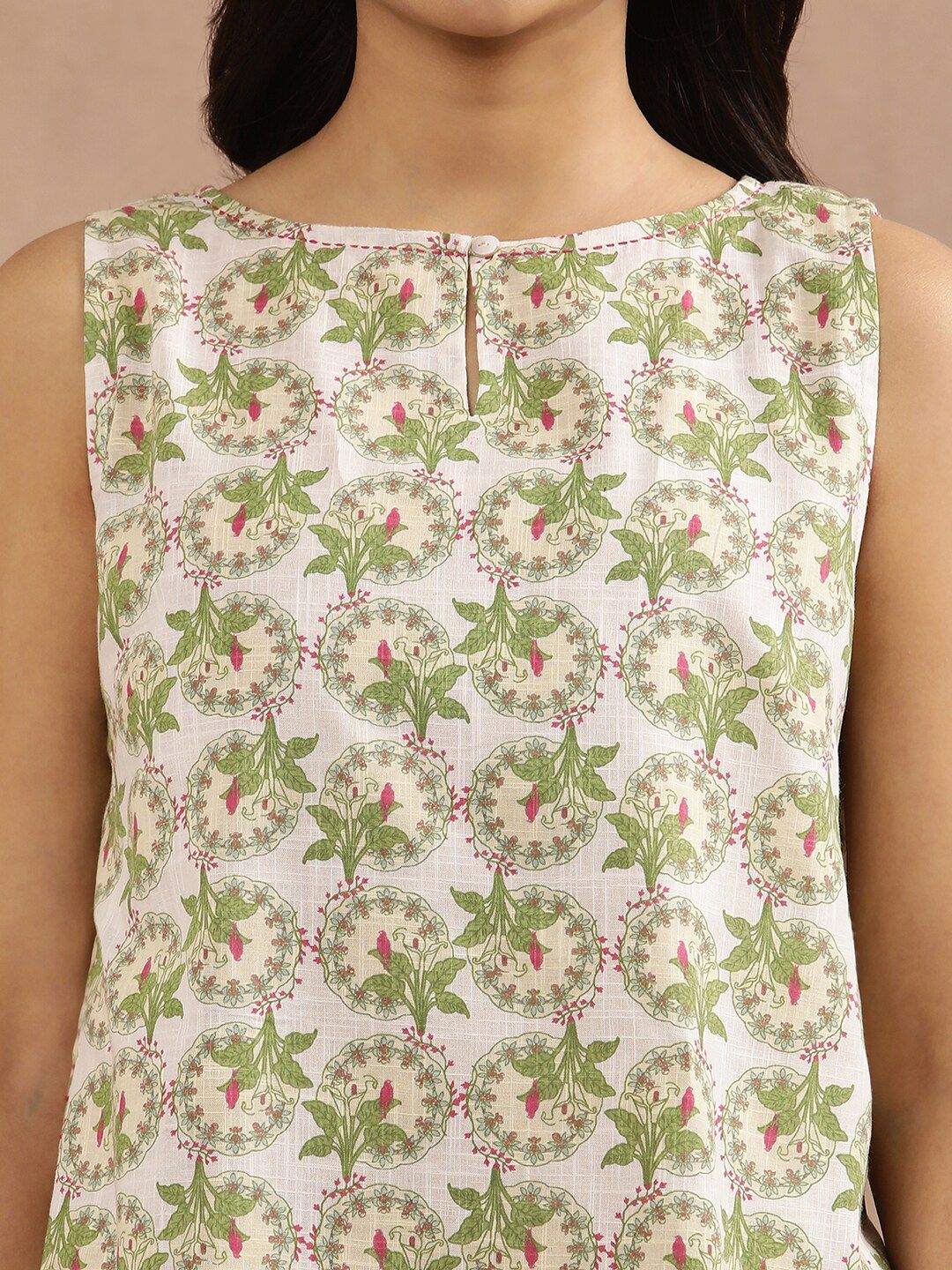 W Floral Printed Keyhole Neck Pure Cotton Top