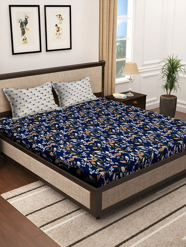 KLOTTHE Navy Blue Floral Printed 300TC Super King Bedsheet With 2 Pillow Covers