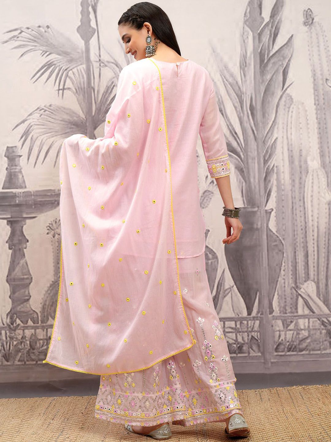 Vishudh Ethnic Motifs Embroidered Pure Cotton Straight Kurta & Sharara With Dupatta