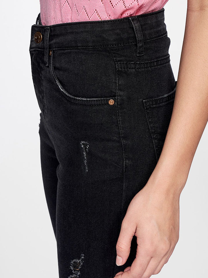 AND Women Charcoal Slim Fit Mildly Distressed Mid Rise Stretchable Jeans