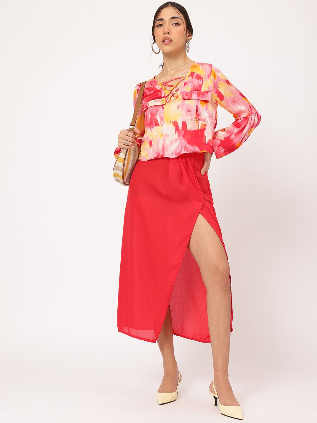 DressBerry Chic & Cheery Criss-Cross Tie-Up Neck Printed Puff Sleeve Top