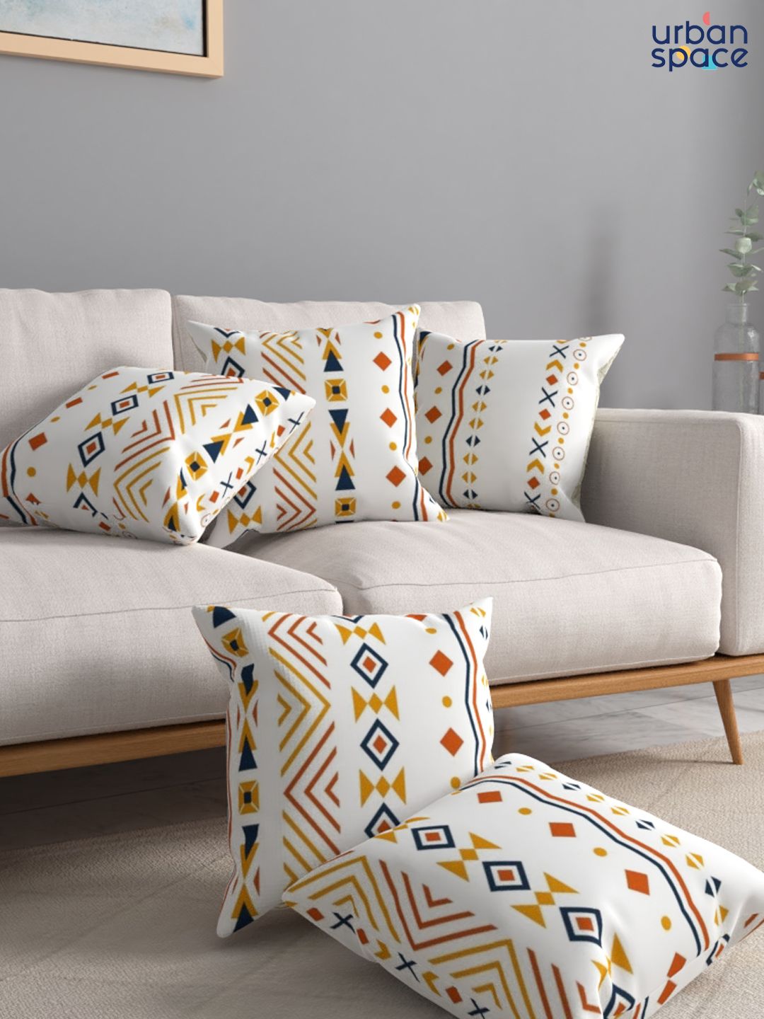 URBAN SPACE Orange & Off White Pack of 3 Printed Square Cushion Covers
