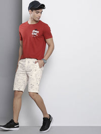 The Indian Garage Co Men Cream-Coloured Printed Slim Fit Cotton Chino Shorts