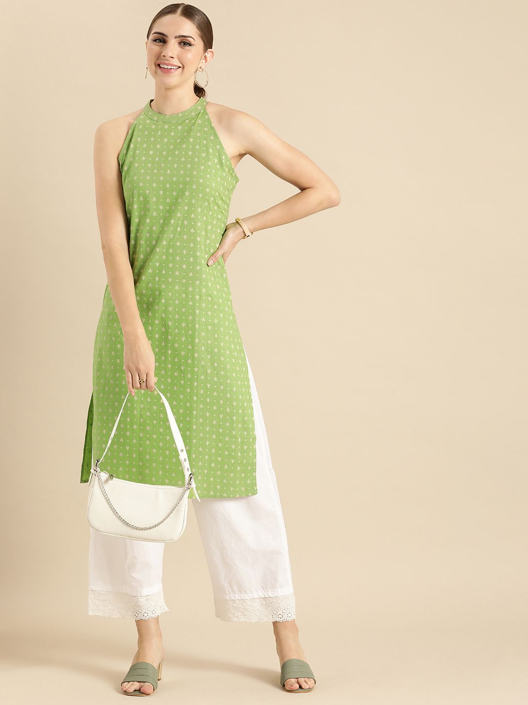 Anouk Ethnic Motifs Printed Halter Neck Pure Cotton Kurta