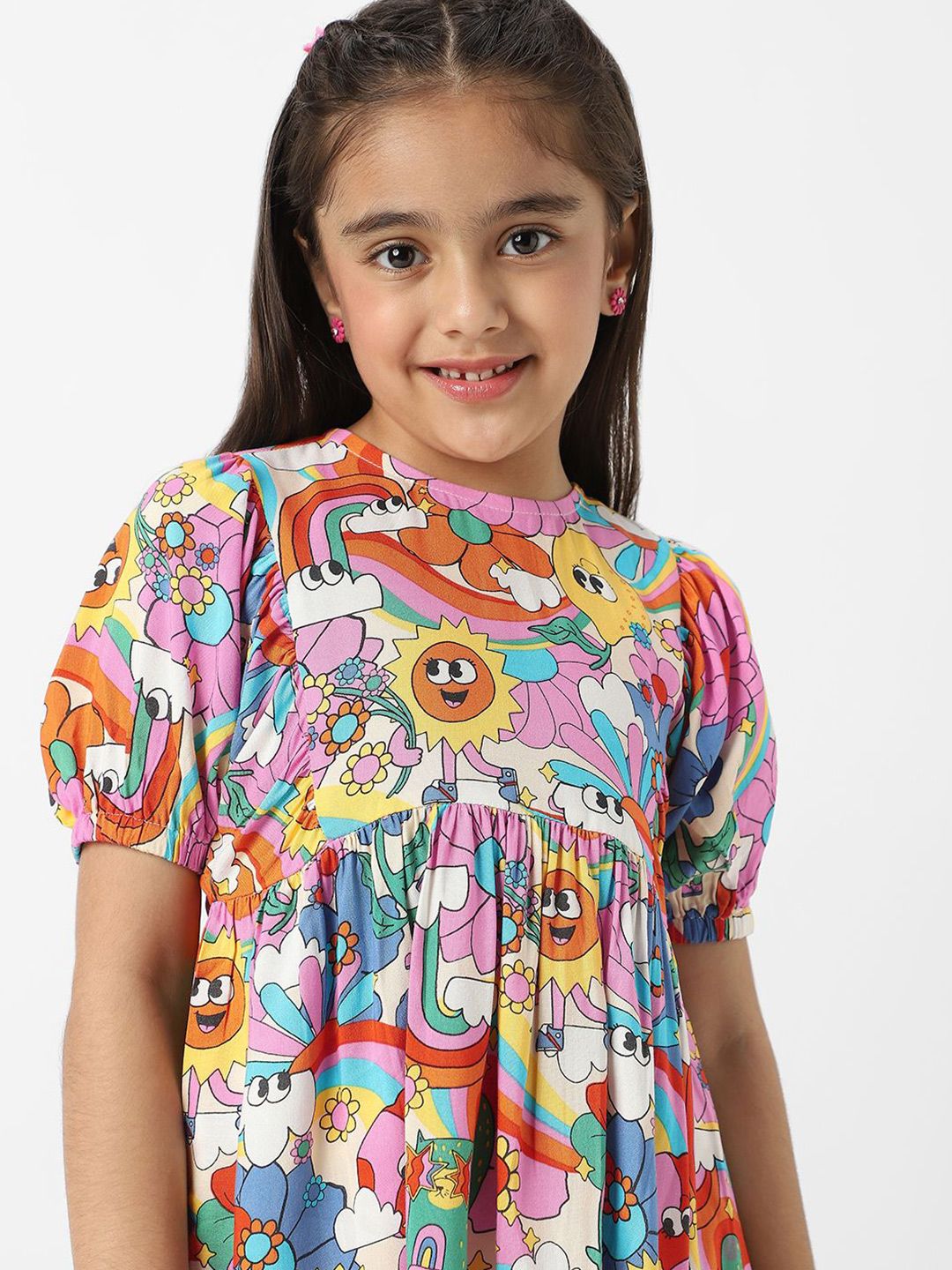 Nauti Nati Girls' Colourful AOP Fit and Flare Dress