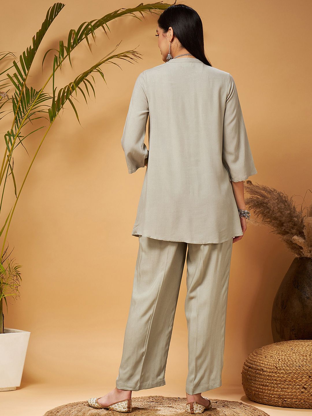 Shae by SASSAFRAS Taupe Embroidered Tunic With Palazzos