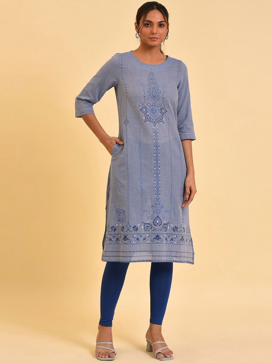 W Blue Ethnic Motifs Printed Pure Cotton Kurta