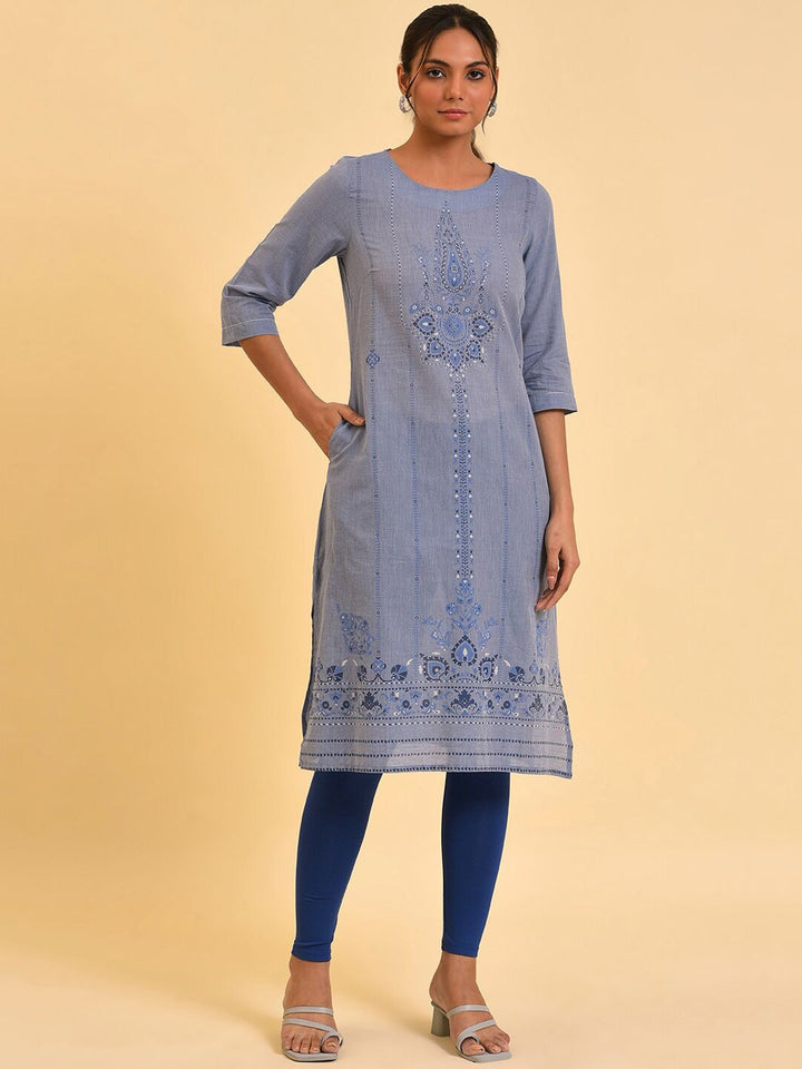 W Blue Ethnic Motifs Printed Pure Cotton Kurta