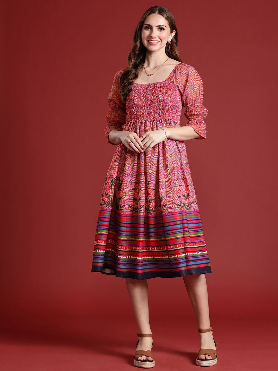 Anouk Floral Printed Fit & Flared Smocked Ethnic Dress