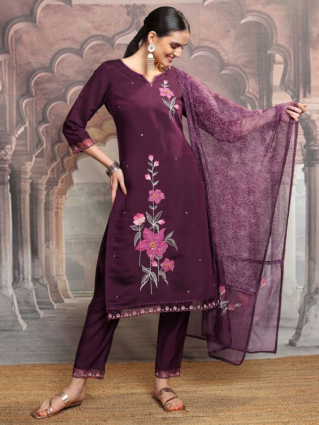 Vishudh Floral Embroidered Regular Kurta with Trouser & Dupatta