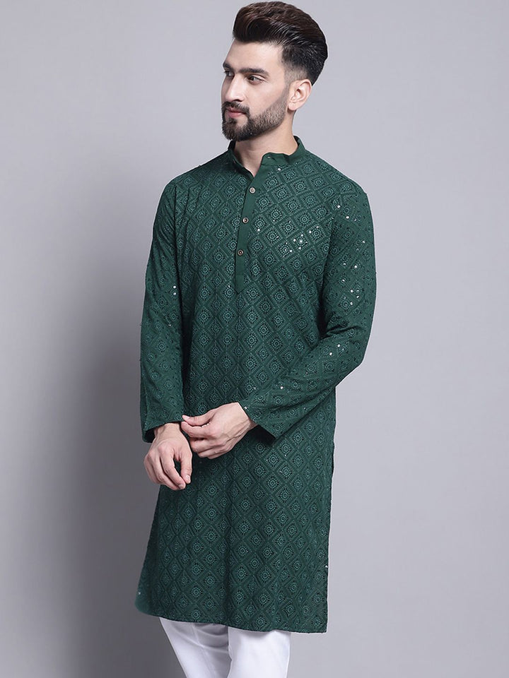 SOJANYA Turutan Sulam Geometrik Kolar Mandarin Kurta Kapas Tulen