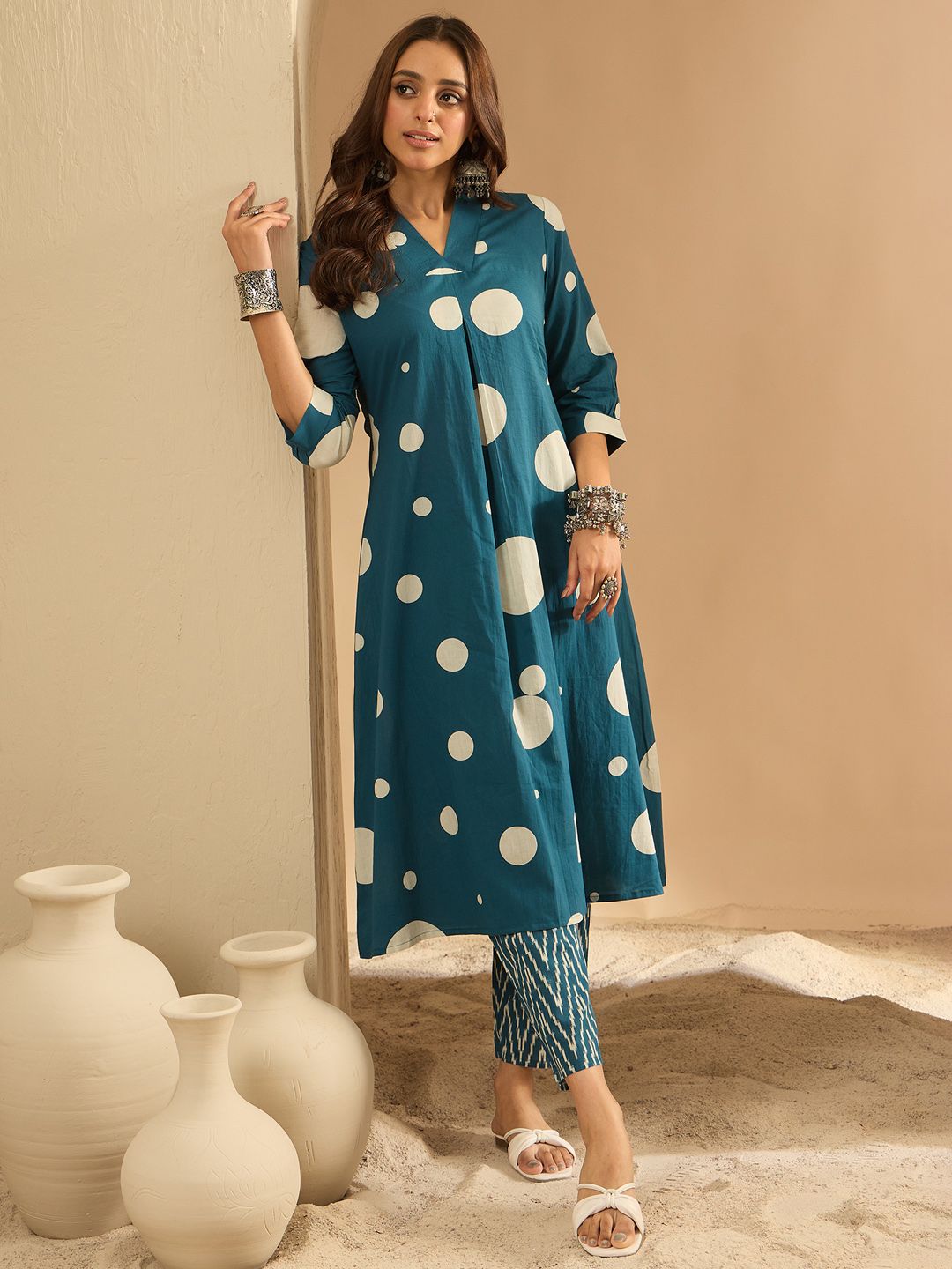 Indo Era Women Printed Pleated Pure Cotton Kurta with Trousers