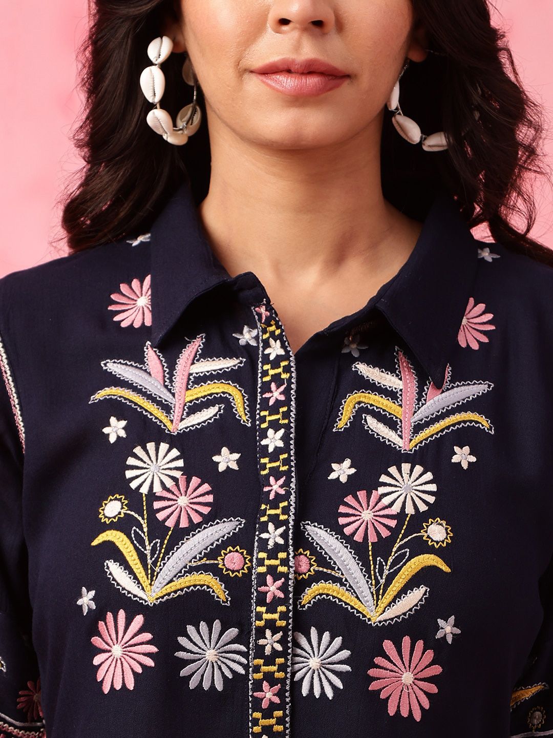 Anouk Navy Blue Embroidered Top With Trousers Co-Ords