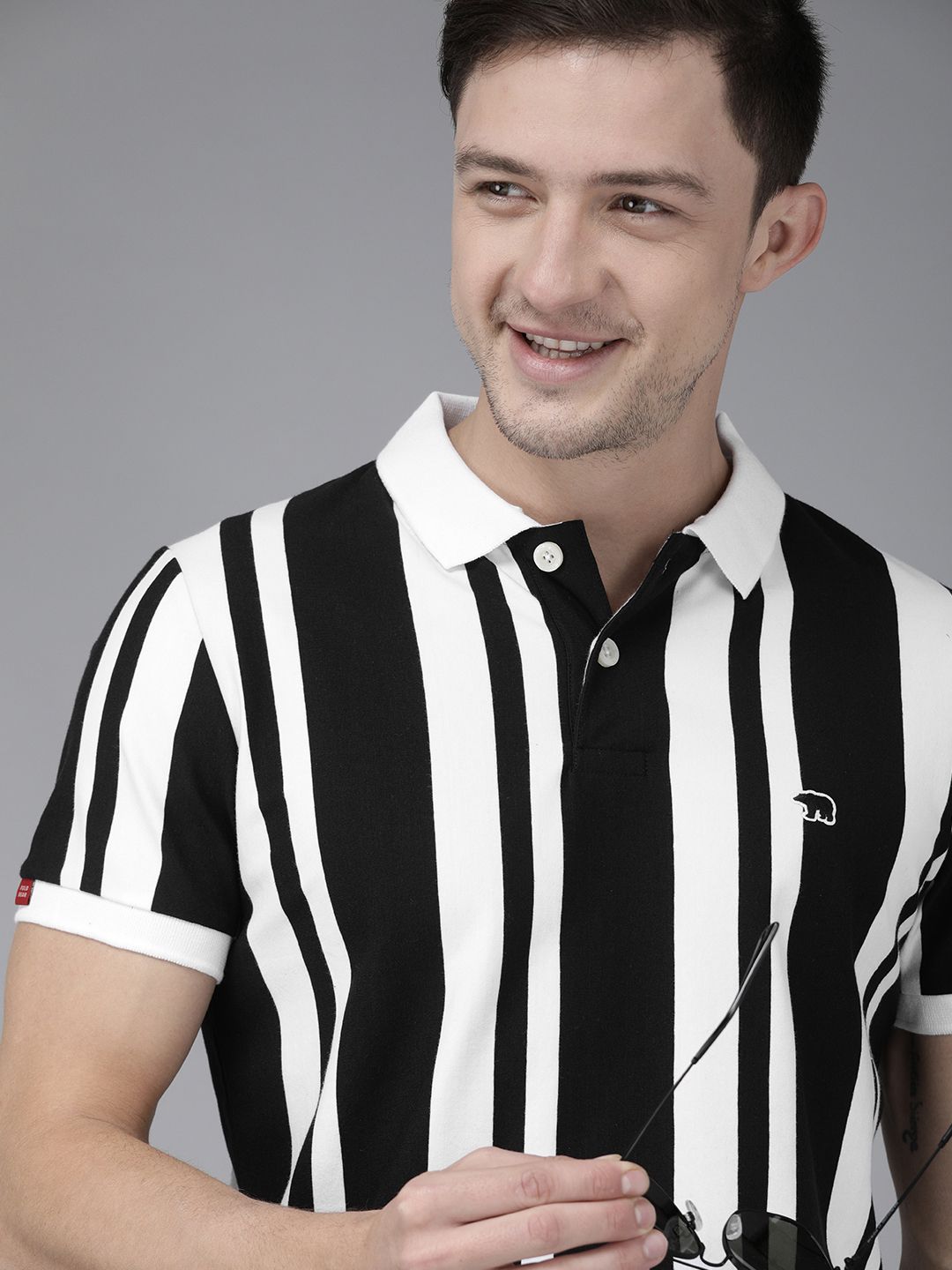 THE BEAR HOUSE Men Black  White Striped Polo Collar Slim Fit Pure Cotton T-shirt