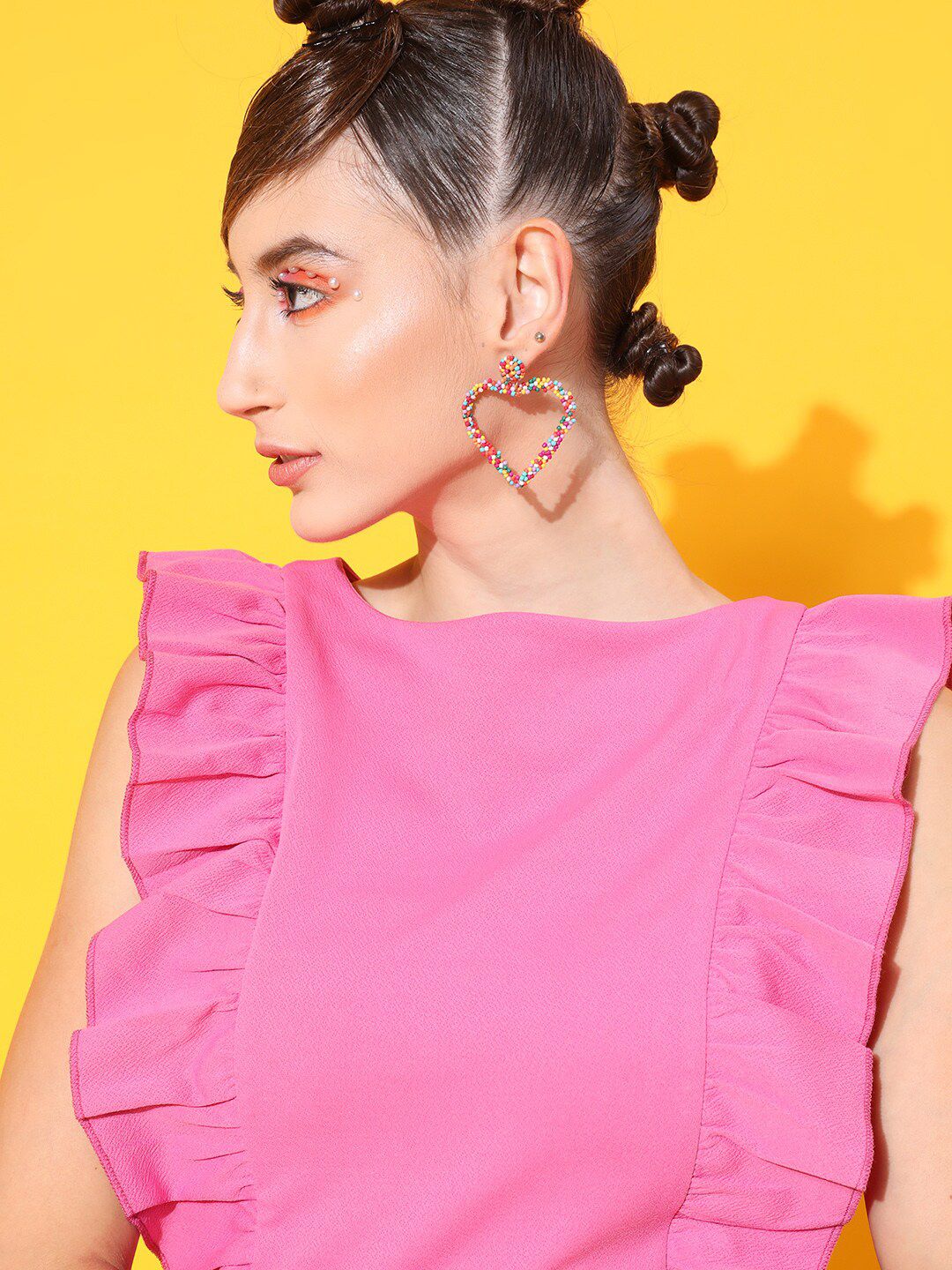 STREET 9 Pink Solid Pleated Round Neck Regular Top