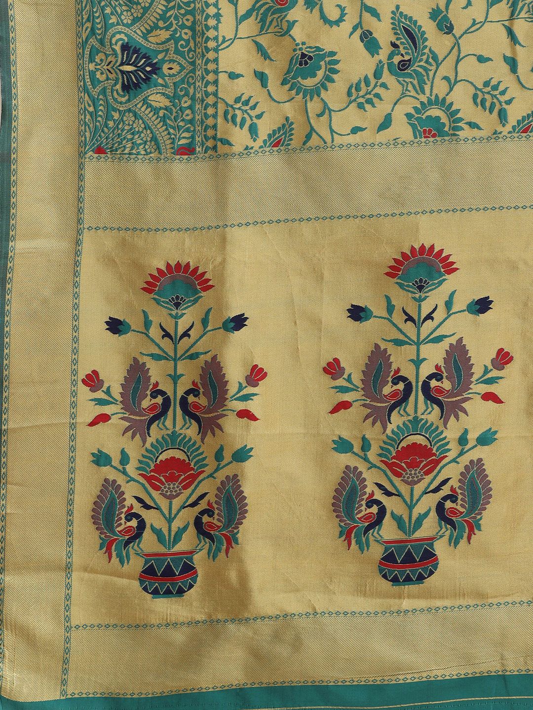 Saree mall Teal & Beige Woven Design Zari Silk Blend Heavy Work Sarees
