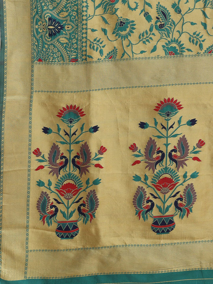 Saree mall Teal & Beige Woven Design Zari Silk Blend Heavy Work Sarees