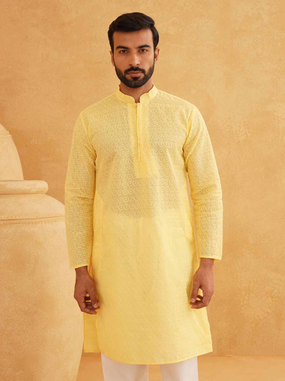 SOJANYA Lelaki Motif Etnik Kapas Tulen Sulam Kurta Chikankari