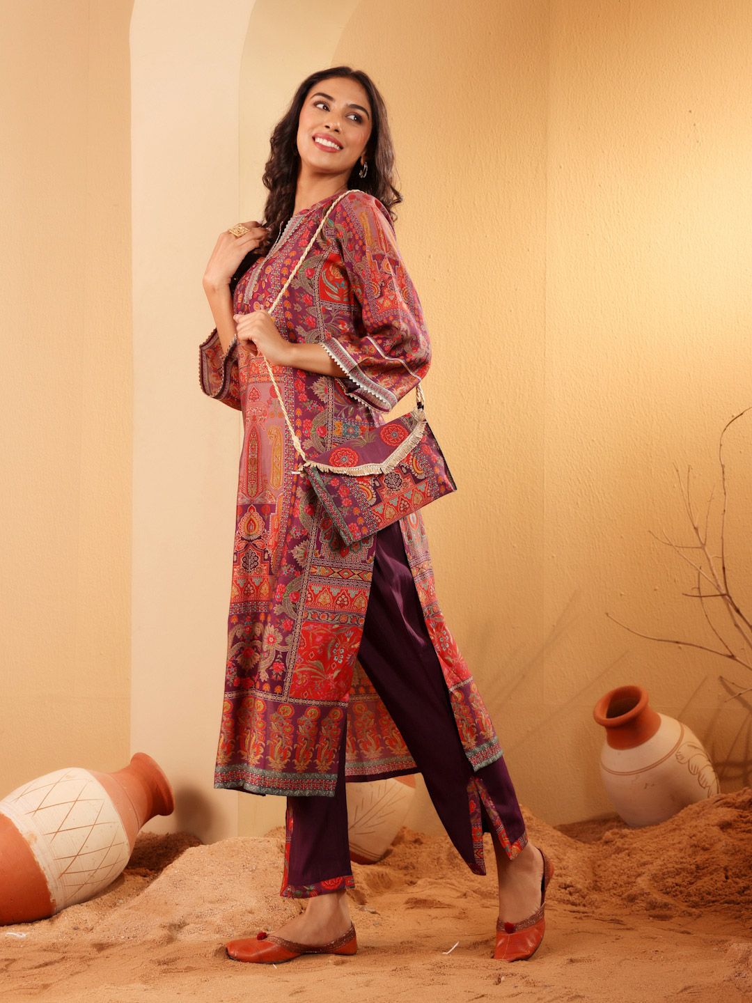 Varanga Ethnic Motifs Printed Gotta Patti Chanderi Silk Kurta With Trousers