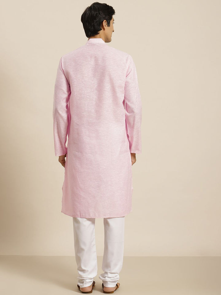 SOJANYA Men Pink & White Striped Cotton Straight Kurta
