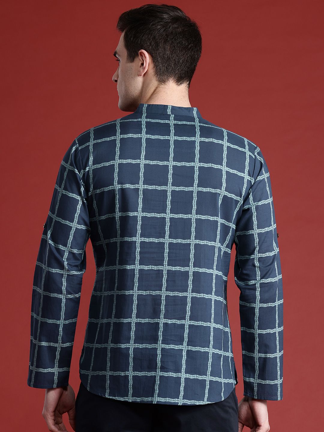 Anouk Men Checks Printed Band Collar Pure Cotton Kurta
