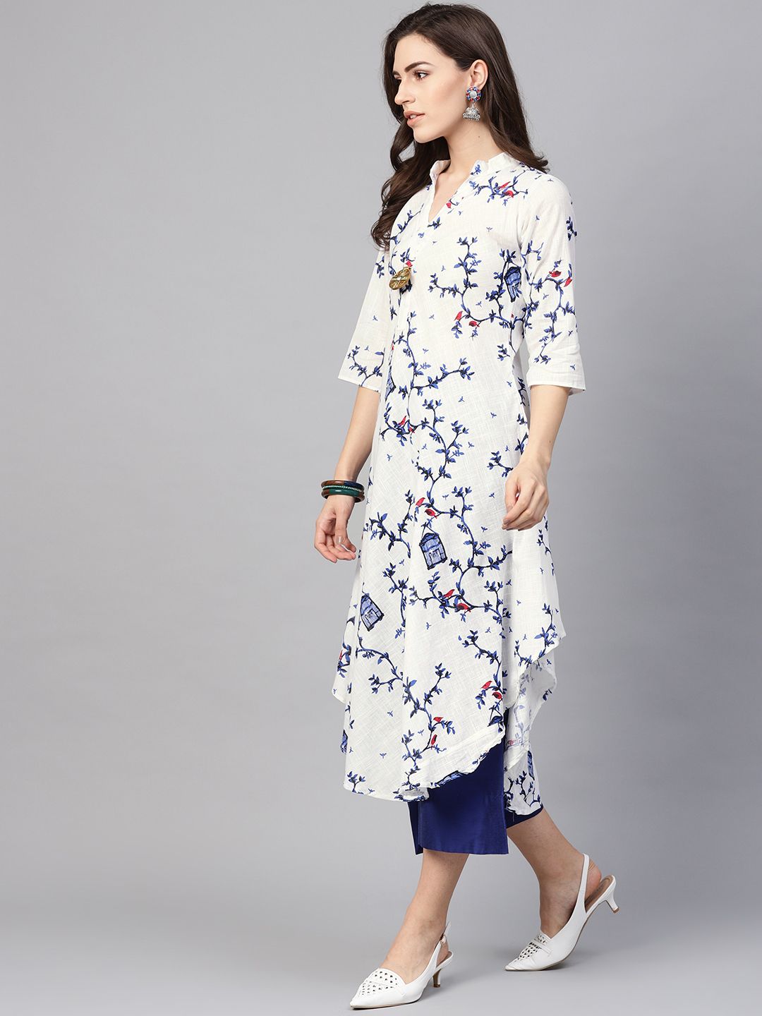 SOJANYA Kurta A-Line Bercetak Putih & Biru Wanita