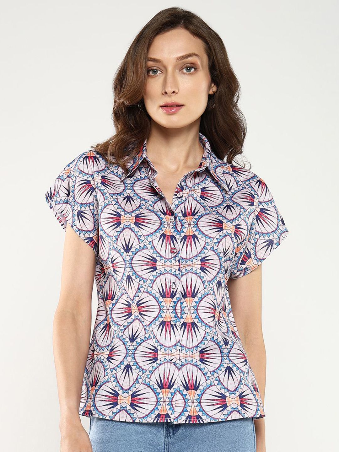 Rareism Geometric Print Extended Sleeves Shirt Shirt Gaya Atas