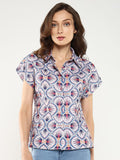 Rareism Geometric Print Extended Sleeves Shirt Shirt Gaya Atas
