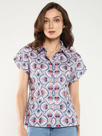 Rareism Geometric Print Extended Sleeves Shirt Shirt Gaya Atas