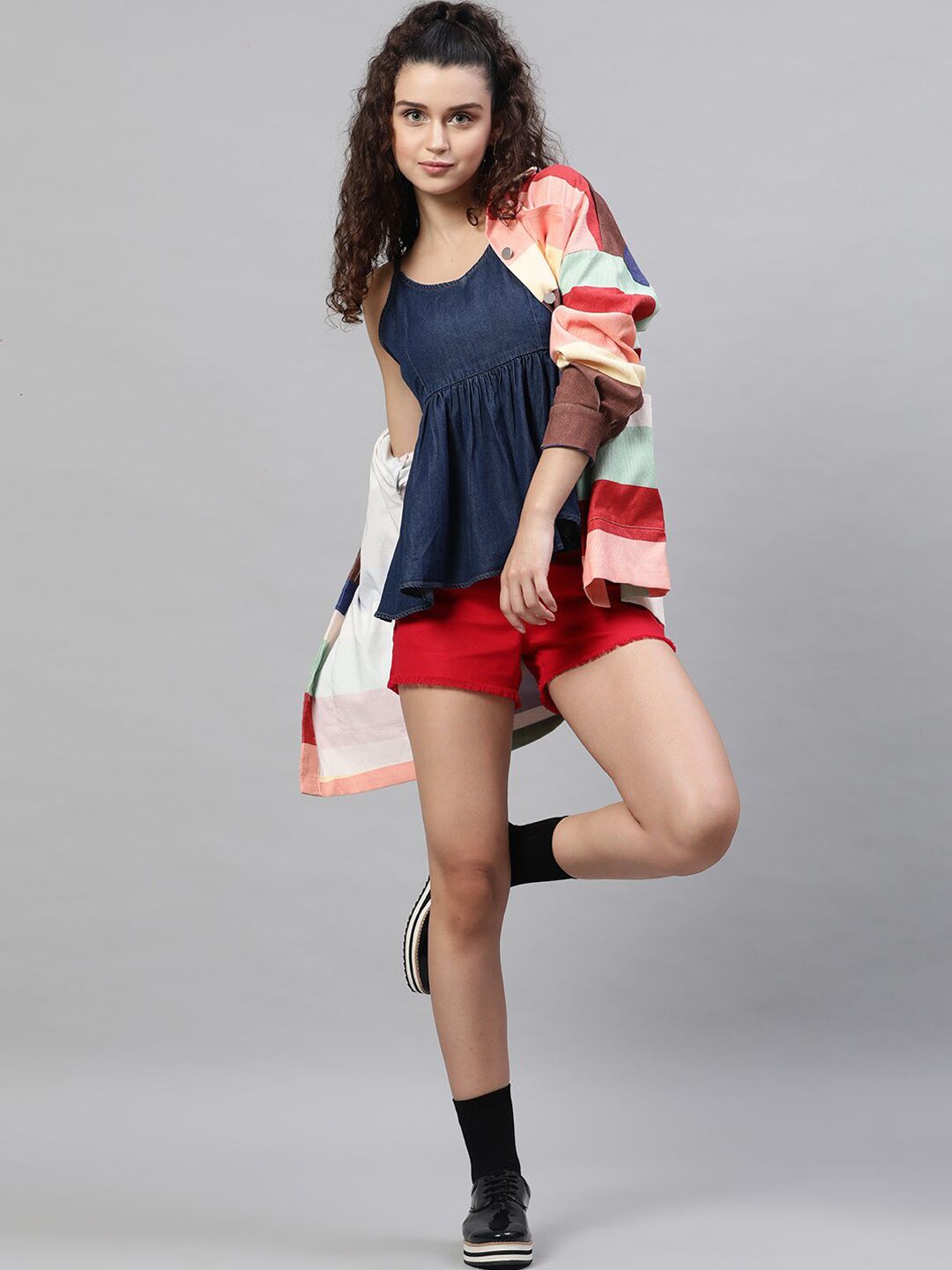 STREET 9 Navy Blue Solid Indigo Pure Cotton Denim A-Line Top