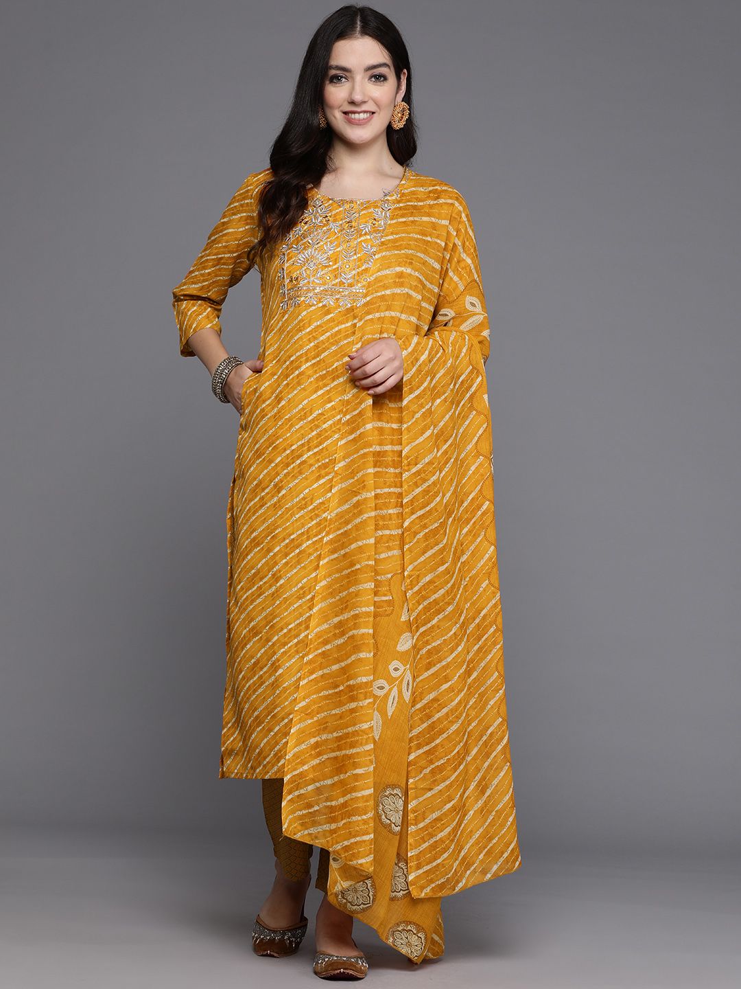 Indo Era Women Floral Yoke Design Regular Pure Cotton Kurta with Trousers & With Dupatta