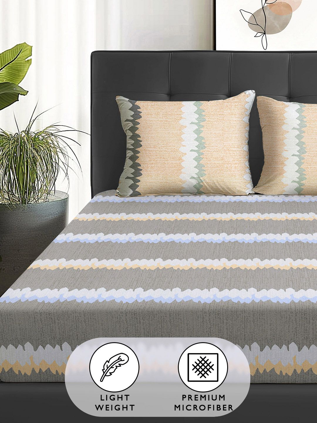 Story@home Grey & Peach-Coloured Striped 180 TC Queen Bedsheet With 2 Pillow Covers
