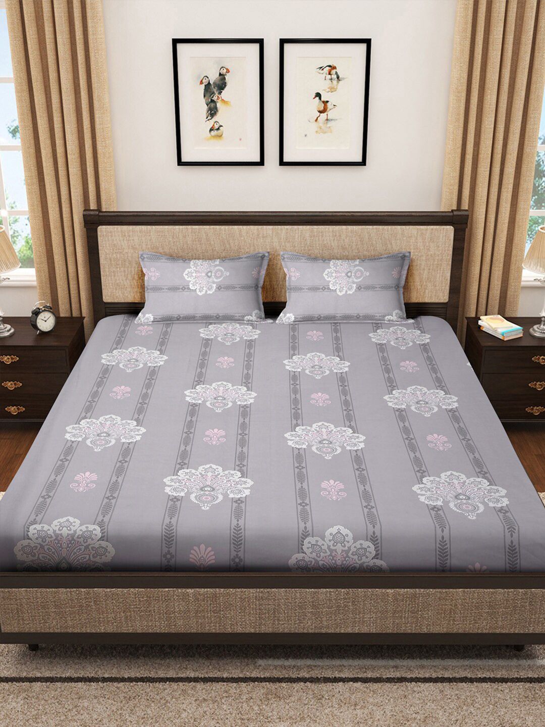 KLOTTHE Grey Printed Pure Cotton 400 TC Fitted Double King Bedsheet With 2 Pillow Covers