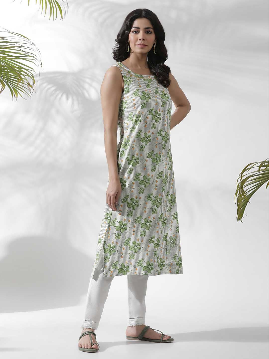 W Floral Printed Thread Work Pure Cotton Straight Kurta