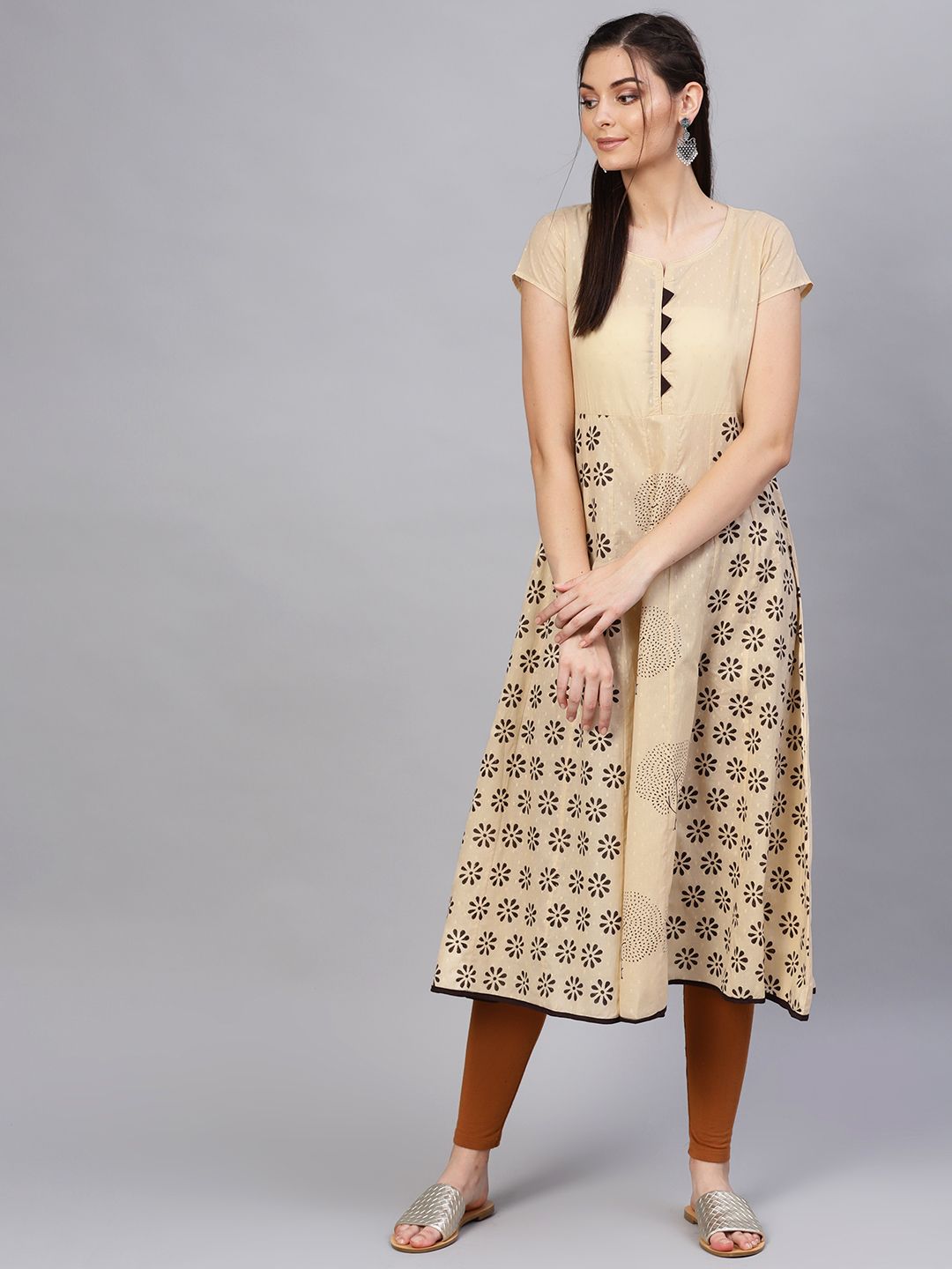 SOJANYA Women Beige & Brown Block Print Anarkali Kurta