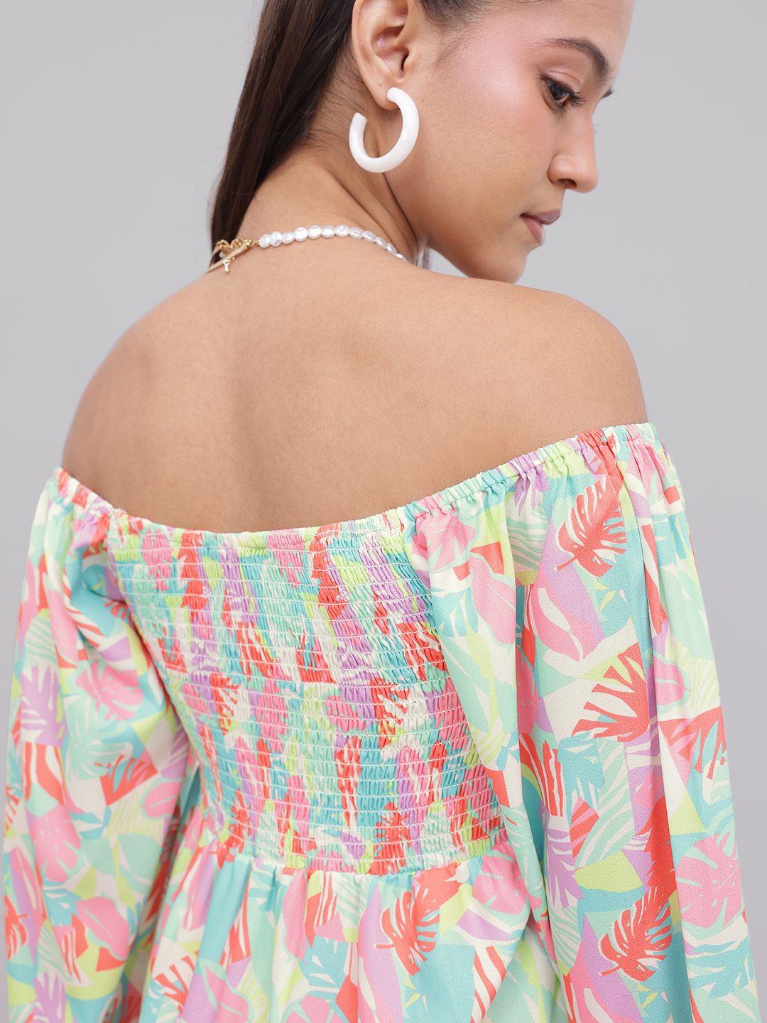 DressBerry Tropical Glam Printed Smocked Off-Shoulder A-line Dress