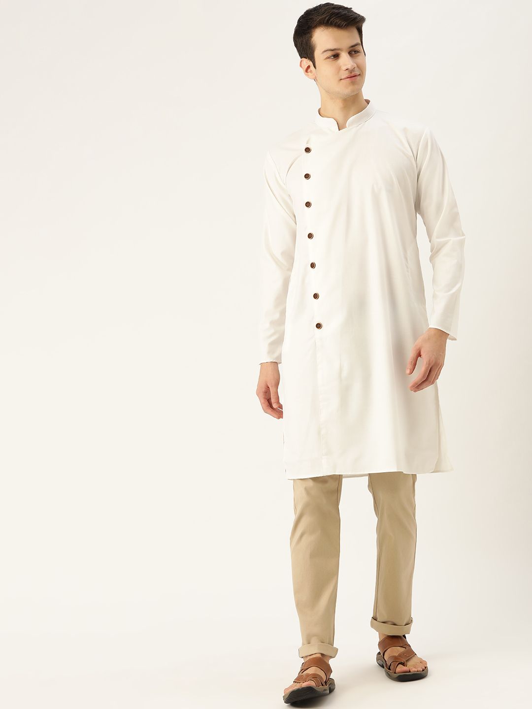SOJANYA Men White Solid Angrakha Straight Kurta