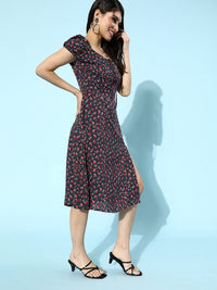 Berrylush Navy Blue Ditsy Floral Print A-Line Midi Dress