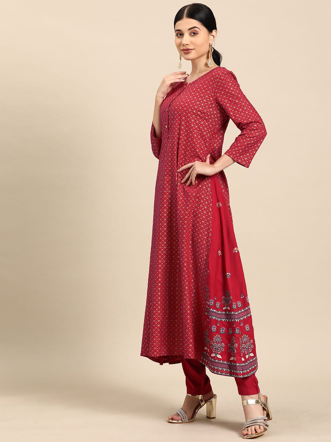 all about you Women Maroon Ethnic Motifs Printed Regular Kurta with Trousers
