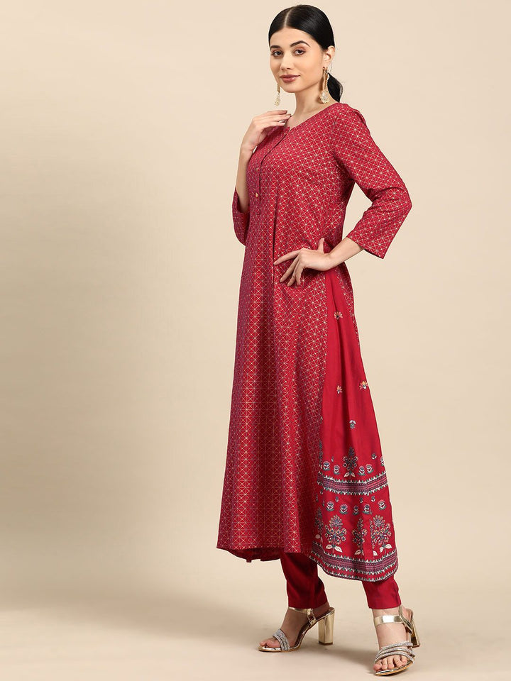 all about you Women Maroon Ethnic Motifs Printed Regular Kurta with Trousers